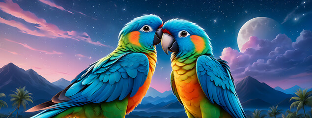 A pair of parrots with colorful plumage face each other. Beautiful night sky and macaw illustration. 