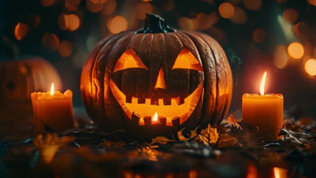  beautiful Candles light on Halloween, Scary smile pumpkin, autumn holiday, carved decoration lantern, jack-o-lantern background
