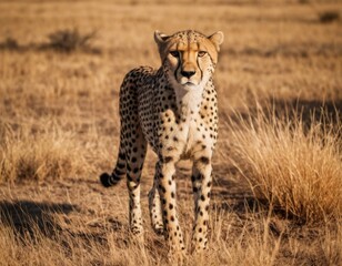 Naklejka premium Cheetah standing on dry yellow grass of the African savannah