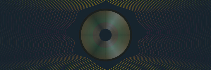 Abstract background, vintage music cd. Disco, 80s or 90s. Vinyl. Golden frame template. 