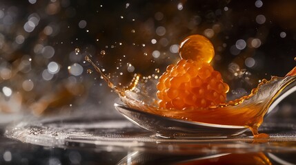 A modern gastronomy-inspired dish, featuring a small, perfectly cooked piece of molecular gastronomy caviar spheres, delicately placed on a spoon over a glass plate with an abstract sauce design. 8k - obrazy, fototapety, plakaty