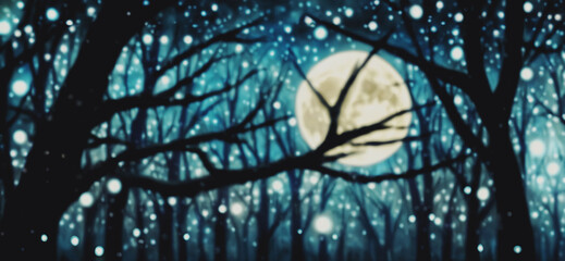 illustrazione di foresta incantata illuminata dal chiarore della luna - obrazy, fototapety, plakaty