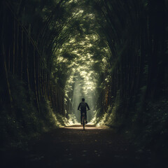 A person riding a bicycle through a tunnel of trees