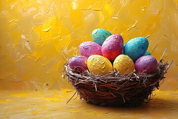 easter eggs in a basket on yellow background, in the style of vibrant hues master. Generative AI