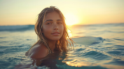 beautiful blonde tan woman is swimming in the clear green ocean water  at sunset time 