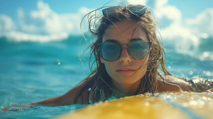 beautiful blonde tan woman wearing sunglasses  is swimming in the clear green ocean water 