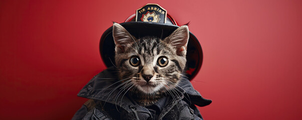 A cute cat in a firefighter's uniform on a red background