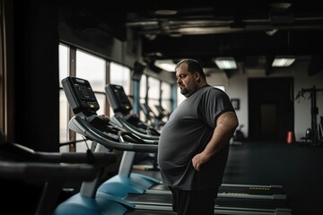 Fototapeta na wymiar An overweight man is standing on a treadmill in a gym.