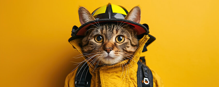 A cute cat in a firefighter's uniform on a yellow background