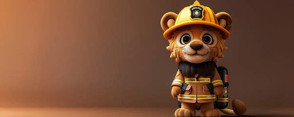 A cute Lion in a firefighter's uniform on a brown background - obrazy, fototapety, plakaty