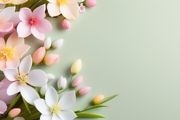 Beautiful spring flowers on pastel green background with copy space. - 742794778