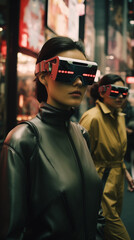 Futuristic Portrait of a Woman and People in Urban Cybernetic World, Wearing Augmented Reality Glasses, VR Goggles.
