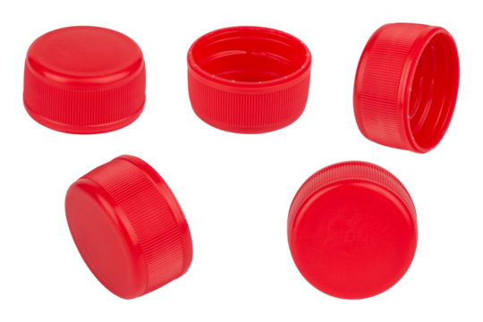 set red plastic bottle cap, recycling or reusing plastic isolated on background	