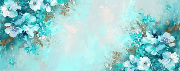 Flower background in art nouveau painting style with empty space for your text. Turquoise abstract banner.