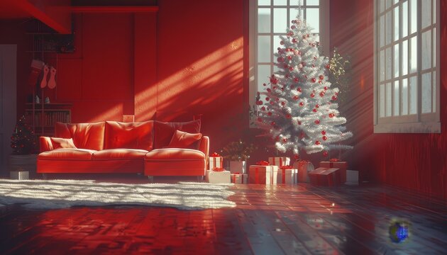 Festive christmas tree and gift boxes in modern red living room, copy space for text