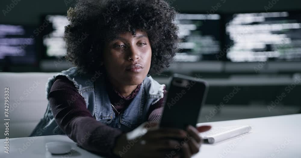 Poster black woman, cellphone and office desk at night, exhausted and scrolling on social media. software d