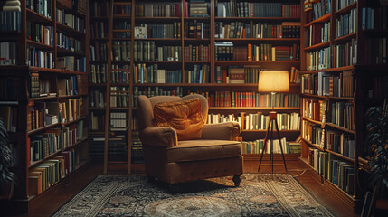 A cozy reading nook with a single armchair and a floor lamp, surrounded by bookshelves with neatly arranged books. The room exudes tranquility and intellectual simplicity. - obrazy, fototapety, plakaty