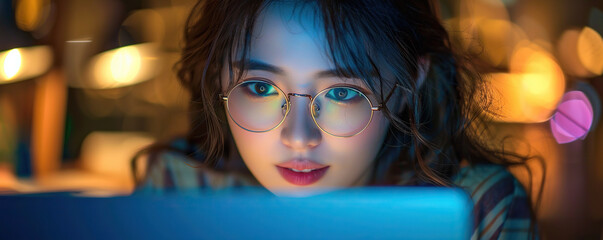 Fototapeta premium Beautiful young Japanese woman wearing glasses looking at laptop at night. Screen light reflecting in young female's glasses. Working late at evening.