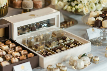 An elegant display of wedding favors, showcasing customized chocolates in luxurious packaging, adding a touch of sophistication to any celebration.