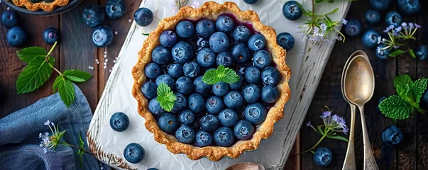 Zelfklevend Fotobehang Blueberry mini tart on white cutting board with vintage teaspoons seen from above. © AI_images