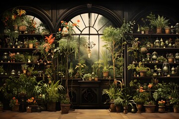 A flower shop with a variety of pots and plants in a warm atmosphere. - obrazy, fototapety, plakaty