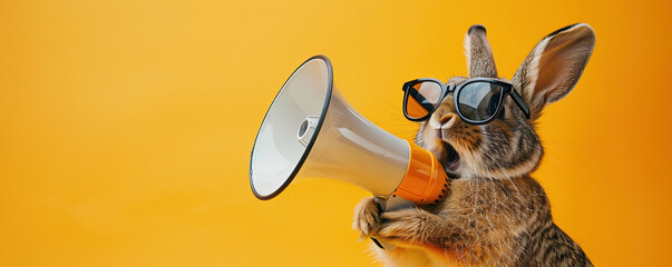 Cool bunny in sunglasses with megaphone on orange background - obrazy, fototapety, plakaty