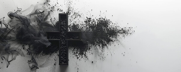 Cremation, funeral, liturgy, religious ceremony concept. Ashes cross on white background