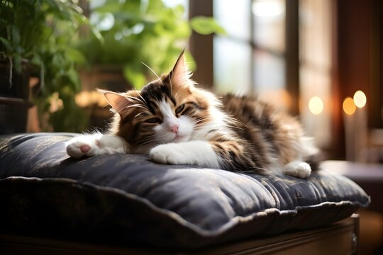 A cute cat sleeping soundly on a soft cushion