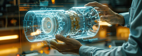 An engineer designs 3D engines, analyzes prototypes using an Augmented Reality Hologram table. Turbines for solar power production. Automated robot arm assembly