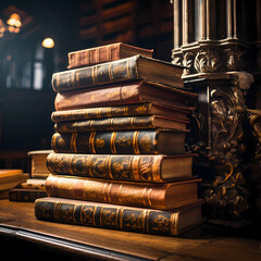 A stack of old books in a dimly lit library.