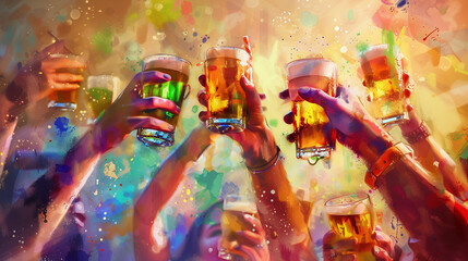 Colorful abstract image of beer drinkers toasting - obrazy, fototapety, plakaty