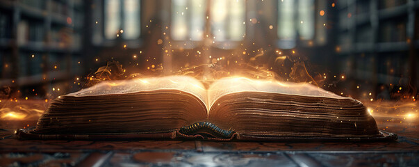 Old Book With Magic Lights And Bright Letters On Aged Table In Defocused Library.