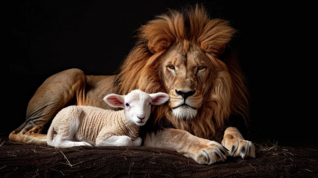 realistic illustration of a lion next to a lamb, expressing protection generative ai