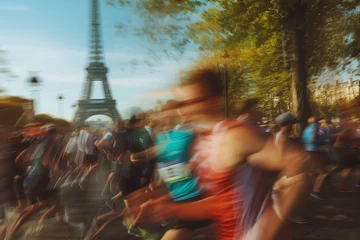 Abwaschbare Fototapete Eiffelturm Eiffel Tower seen through the rush of marathon runners - a symbolic fusion of iconic landmarks and the spirit of the race