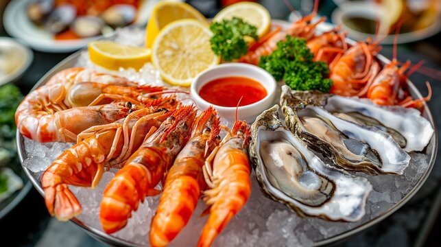 A seafood platter, featuring a selection of oysters, lobster tails, and king prawns, artistically arranged on a bed of ice with lemon wedges and dipping sauces, showcasing the freshness of the sea. 8k