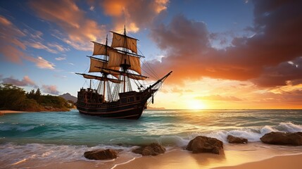 waves beach pirate ship - obrazy, fototapety, plakaty