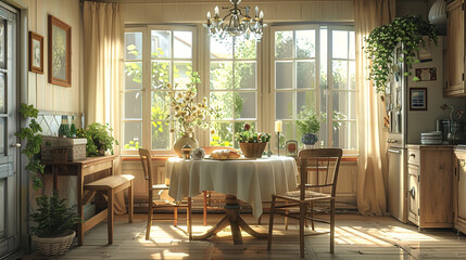 A farmhouse-style dining room with a round wooden table, four chairs, and a bench. The table is decorated with a white tablecloth, a pitcher of flowers, and a basket of bread. 