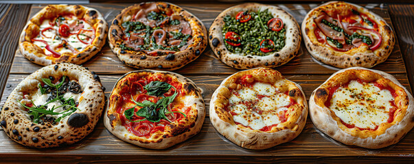 Variety of pizza with various fillings presented on a wood table. - obrazy, fototapety, plakaty