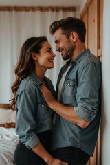 Glückliches junges Paar in Jeanshemden teilt eine liebevolle Umarmung im Schlafzimmer - obrazy, fototapety, plakaty