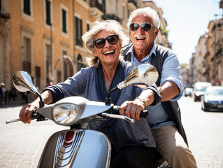Joyful elderly couple riding a scooter in an urban setting