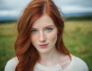 Fototapeta premium A charming red-haired girl with freckles. Portrait