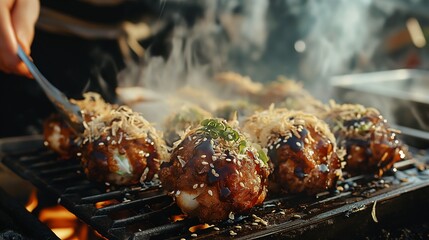 A street food vendor is preparing a steaming bowl of Japanese takoyaki, or octopus balls, using a special takoyaki pan.