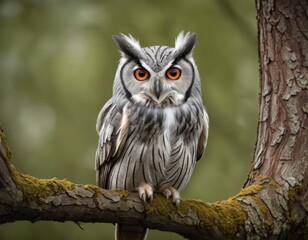 Fototapeta premium A white-faced Scopian owl (Ptilopsis leucotis) with huge orange eyes sits on a tree
