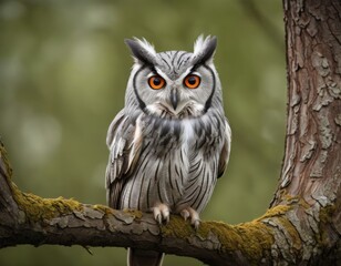 A white-faced Scopian owl (Ptilopsis leucotis) with huge orange eyes sits on a tree