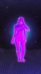 Fototapeta na wymiar Poster. Contemporary art collage. Female figure in purple neon ultramodern costume standing on grid with starry backdrop. Futuristic art style. Concept of metaverse, space exploration. Retro wave