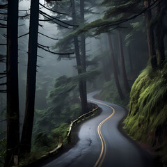 A winding road through a misty forest. 