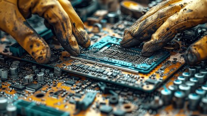 Disassembling Components in E-Waste Recycling Process. Close-up of a technician's hands disassembling and sorting through components during the electronic waste recycling process.
 - obrazy, fototapety, plakaty