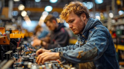 Obraz premium technicians working diligently in an electronic waste recycling center, sorting and disassembling devices