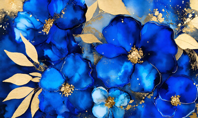 Elegant  royal blue flowers in alcohol ink background with gold glitter elements