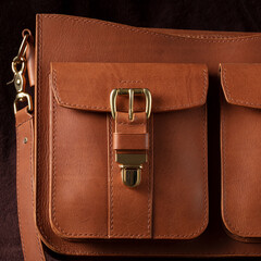 Part of a brown genuine leather bag with a metal latch.